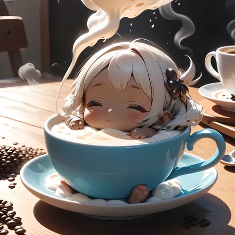 minimal deformation, cute, one girl, inside a coffee cup, filled with hot milk, relaxing like a bath, coffee-colored skin, steam...