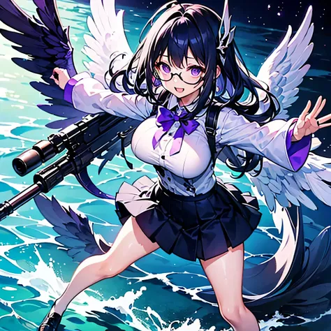 highest quality, masterpiece, ultra-high resolution, elaborate hands,angel girl sandalphon、black and purple hair、purple eyes、gee...