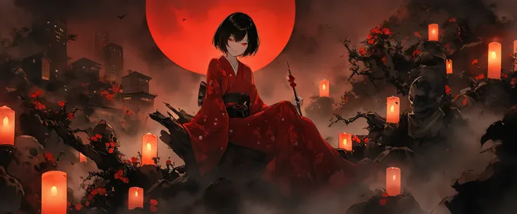 Red silk kimono。Beautiful in the fog,Sitting in the fog。Black belt。smile。Black short hair。amount,big, Beautiful red eyes。Dead skin。alone。darkness。Spooky atmosphere。Japan。night。full moon。Red Sky。Red flower,Chiaroscuro,Skyscraper。Have a Candlesstick。Candles。