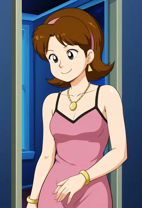 monalisatmnt, brown hair, 1girl, human skins, human girl, pink hairband, black eyes, smile, looking at viewers, golden necklace, gold bracelet, a sleeveless pink camisole dress, collarbone, closed mouth, score_9, score_8_up, score_7_up, masterpiece, high q...