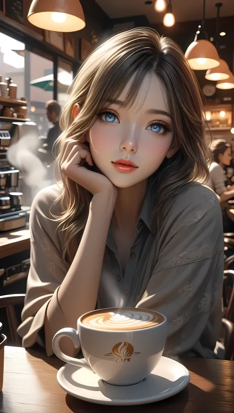 a beautiful young girl, coffee skin tone, relaxing in a coffee cup filled with hot milk, steam, realistic cafe interior backgrou...