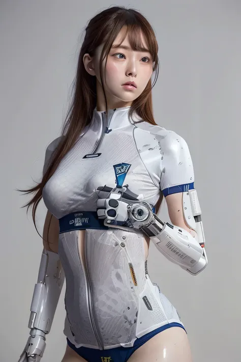 masterpiece, best quality, extreme detailed, portrait,Japanese Android girl,Plump ,Control panel,robot arms,robot,Android,cyborg,white robot body,Ceramic body,perfect robotgirl,Blunt bangs,robot repair plant,Chubby,sports wear,training wear,sports bra,blue...