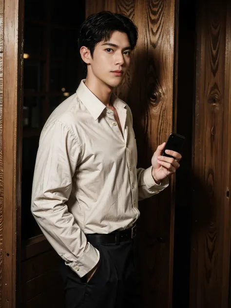 top quality, one handsome guy, wearing open collar shirt, wide slacks, have an (iphone:1.2), holding a camera, 35mm lens, f/1, c...