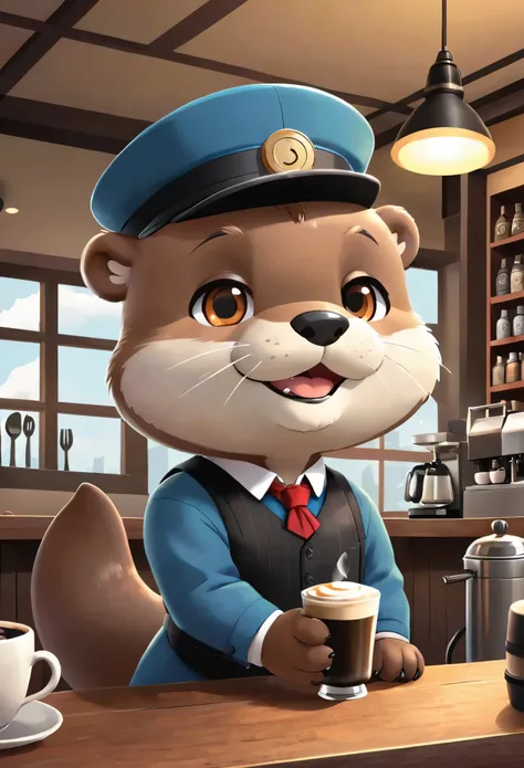 vector art、animal world、the otter bartender at the counter of an old coffee shop、white beard、black bow tie、serve coffee to custo...