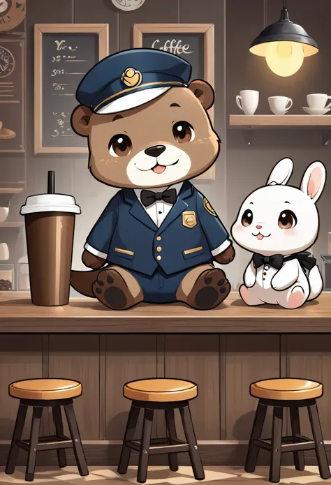 vector art、old coffee shop、otter master with a white beard and black bow tie、postman rabbit sitting on a counter stool、cute char...