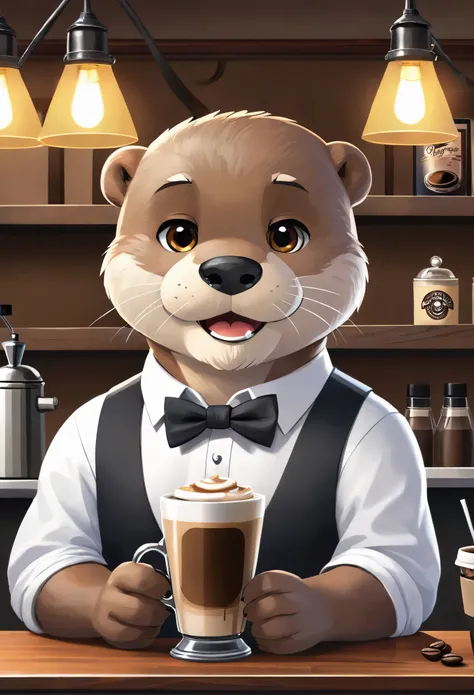 vector art、animal world、the otter bartender at the counter of an old coffee shop、white beard、black bow tie、serve coffee to custo...