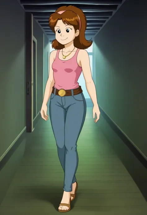 monalisatmnt, brown hair, 1girl, human skins, human girl, pink hairband, black eyes, smile, looking at viewers, golden necklace, pink tank top, jeans, brown belt, small breast, collarbone, closed mouth, score_9, score_8_up, score_7_up, masterpiece, high qu...