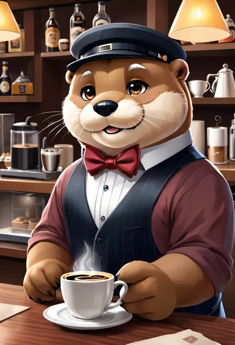 vector art、animal world、the otter bartender at the counter of an old coffee shop、white beard、black bow tie、serve coffee to custo...