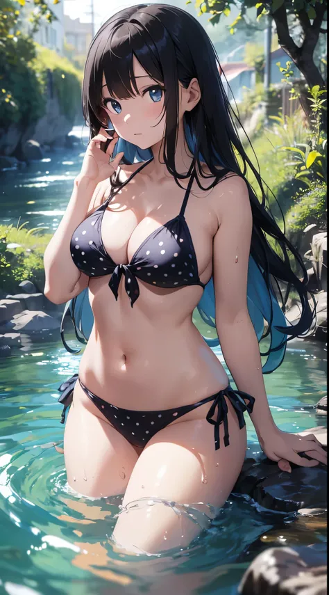 4K,8k,Beautiful anime style girl、Waist-deep in clear water, Silent stream。Surrounded by lush greenery、The girl is wearing a blue polka dot bikini、Her slender, curvaceous body stands out。She catches the sunlight with her big one, Expressive blue eyes.、Her l...