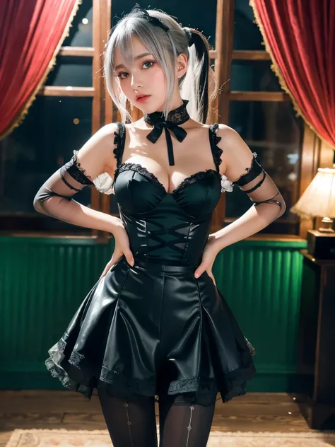 (One girl),Gothic,Twin tails,((Silver Hair)), Organza Lace,Gorgeous and elaborate clothes,Gothic,(Ultra-realistic pantyhose:1.3),  flight, green, (colorful), Bold, Gradient Blend, Motion Blur, Sparkling Texture, Dynamic configuration, Atmospheric perspecti...