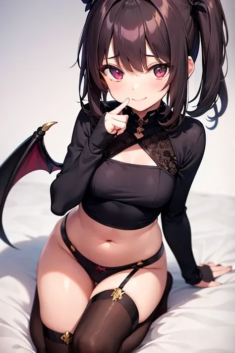 Cute petit animated 
 girl . Brunette hair. On her knees facing camera. Cheeky smile. Succubus. 
