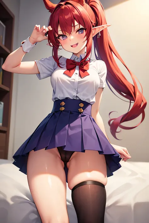 Cute petit animated 
 girl .  Red hair. facing camera. Cheeky smile with fangs. Elf ears. Ponytail. Horny. Purple eyes. Wearing school cloths. Short skirt. Camel toe. Hand on thighs