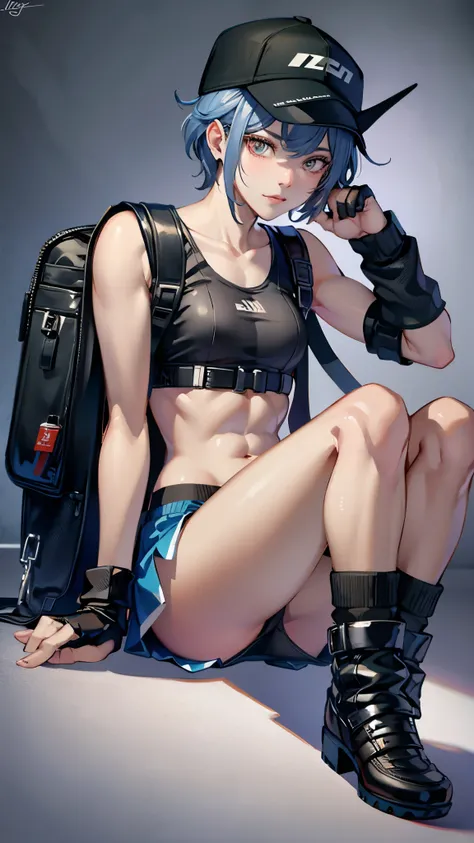 Inside the street,one 1 boy,fem boy,((crossgender)),black short hair,slender body,((full body)),displeased,sulky,((flat chest)),sitting,((cyberpunk fashion)),((baseball caps)),((tube top)),((micro shorts),((slouch socks)),((boots)),((back pack)),4K, 8k, Hi...