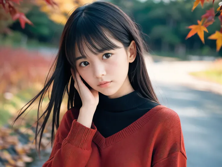 (close up face shot of one slender small breasts two side up black medium hair with bangs girl in a long sleeves shirt and sweat...