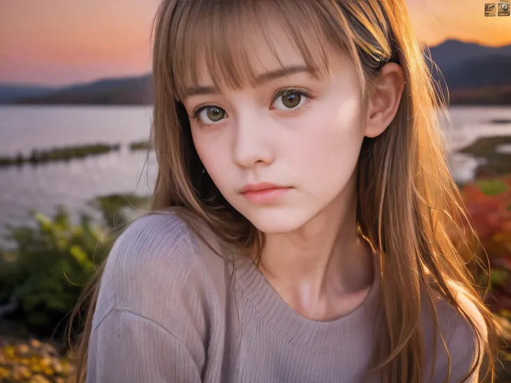 (Close up face shot of one slender small breasts half up blonde long hair with bangs girl in a long sleeves shirt and sweater and skirt:1.5)、(One blonde hair girl is looking down with lonely crying face on the dart road near the lake and big waterfall in J...