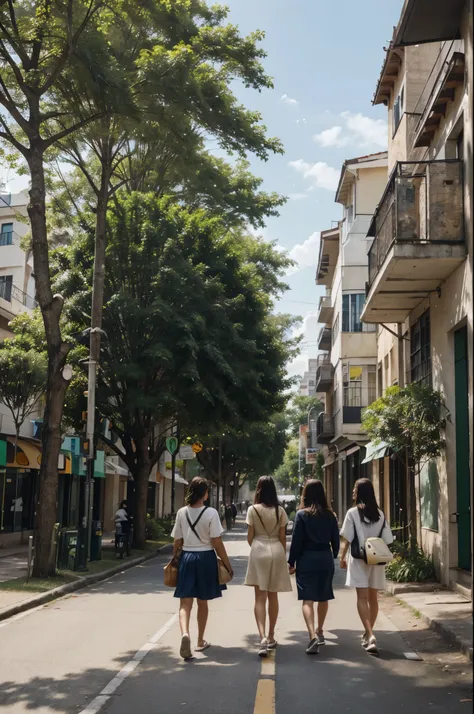 Create an ultra-realistic image of Brazilian people carrying eco-friendly bags with custom designs and company logos on a modern city street or park. The scene should show individuals walking in a natural urban environment., surrounded by lots of greenery ...