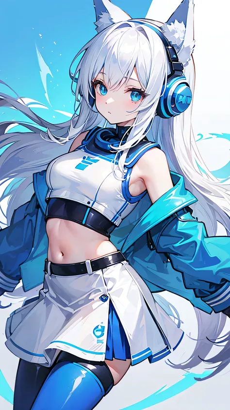 Blue robot Wearing a white leather skirt, wolf ears and headphones 