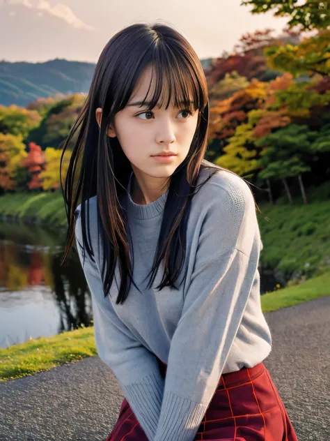 (Close up face shot of one slender small breasts dark silver long hair with swept bangs girl in a long sleeves shirt and sweater and skirt:1.5)、(One girl is looking down with lonely crying face on the dart road near the lake and big waterfall in Japan:1.5)...