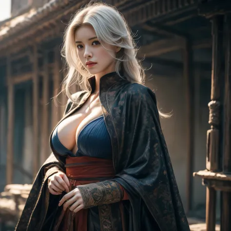 photorealistic, masterpiece, photorealistic, high resolution, soft light, hips up, blue eyes, white hair, long hair, Intricate details EABA, cloaks, short steel claws, Royal Sumo, Armor, warrior, big breasts, floating cloak in wind, sunrise