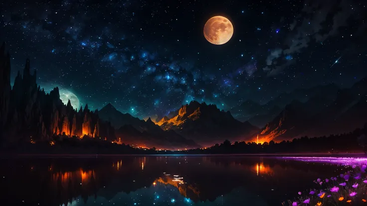 serene, Natural Environment, at night, Fantasy Landscape, Cosmic landscape, Calm reflecting water, Big Moon, Starry sky, Glowing flowers in the foreground, Ethereal atmosphere, Cool colors, Soft shadows, The light of the moon, Depth of Field Effect, Clear ...