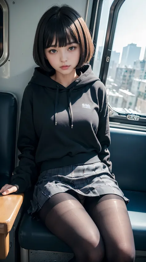 (​masterpiece、Ultra-detail、8k、top-quality:1.5)、((Awesome))、One woman、Shorthair with bangs、(((Black pantyhose)))、hi-school girl、18year old、((directly in front))、Uniforms、Wearing a black hoodie、((navy check mini skirt))、On the train、blue-sky、sitting on、(legs...