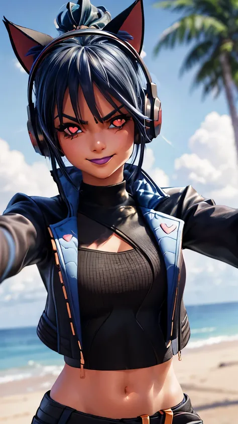 SplitScreen, split screen, Beach background, 2D, 1girl, ((heart-shaped pupils:1.2)), heart-shaped_pupils, blue hair, ponytail, short hair, blue eyes, eyeshadow, (blush:1.1),upper body,heart, (speed lines:1.1),medium breasts, outstretched arms, love, heart,...