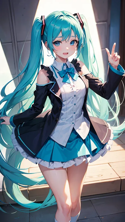 (((anime-style cute face)))、Hatsune Miku、Very big blue eyes:2.0、anatomically correct body、Thick thighs、The face is bright、Professional Lighting、Cute Breasts:1.2、(Highest quality1.5, Anime artwork, Anime Style, Studio Anime, Very detailed, Anime Coloring, H...