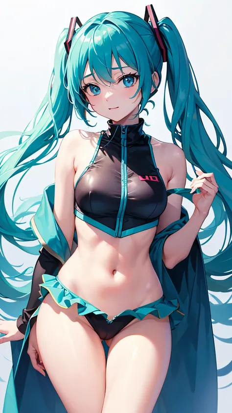 (((anime-style cute face)))、Hatsune Miku、Very big blue eyes:2.0、anatomically correct body、Thick thighs、The face is bright、Professional Lighting、Cute Breasts:1.2、(Highest quality1.5, Anime artwork, Anime Style, Studio Anime, Very detailed, Anime Coloring, H...