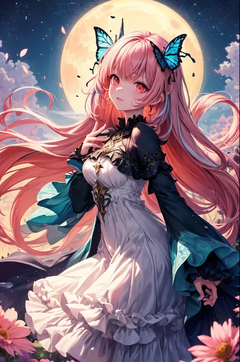 （（Cute frilly outfit:2)),((Highest quality)), ((masterpiece)), (detailed), ((Shiny and glittering fantasy ornaments)),(Pink hair color:1.5)、(Red eyes:1.3),Embarrassed,(Sparkling eyes:1.3),One girl, (Large Breasts:0.8)"Create a night-time anime-style scene ...