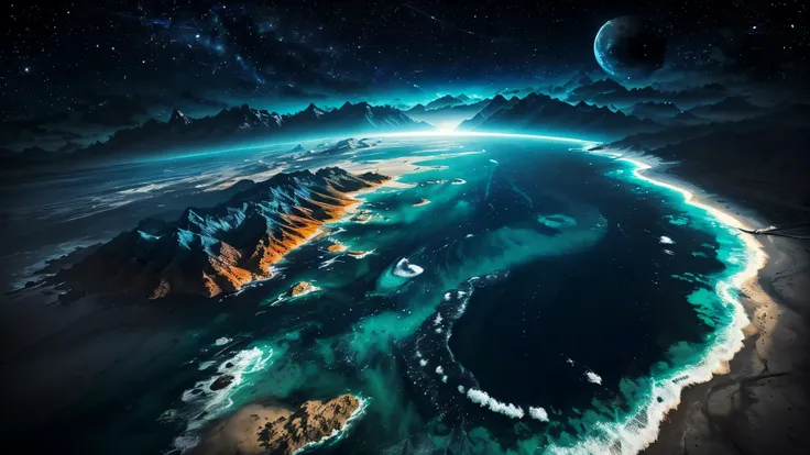 Aerial View,The sea has continuous mountains,The dark blue night has some dreamy colors,The bright, huge, round moon is fully within the frame.,Then its rays shone upon the sea,Then some hills and reefs will appear on the sea,The whole picture is 3D
