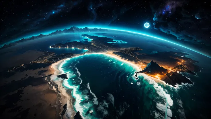 Aerial View,The sea has continuous mountains,The dark blue night has some dreamy colors,The bright, huge, round moon is fully within the frame.,Then its rays shone upon the sea,Then some hills and reefs will appear on the sea,The whole picture is 3D
