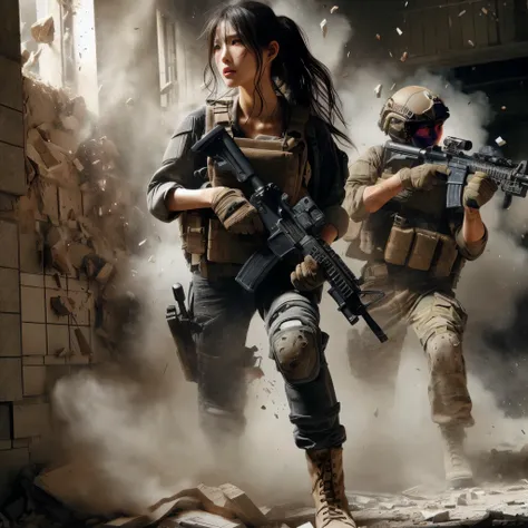 8K, realistic photo, realistic skin texture, Beautiful Japanese women in the US military、Outside the building、explosion、Close call、Walls bursting with debris、They are shouting to evacuate immediately.、Automatic rifle、Bulletproof vest、Back Back、boots、Covere...