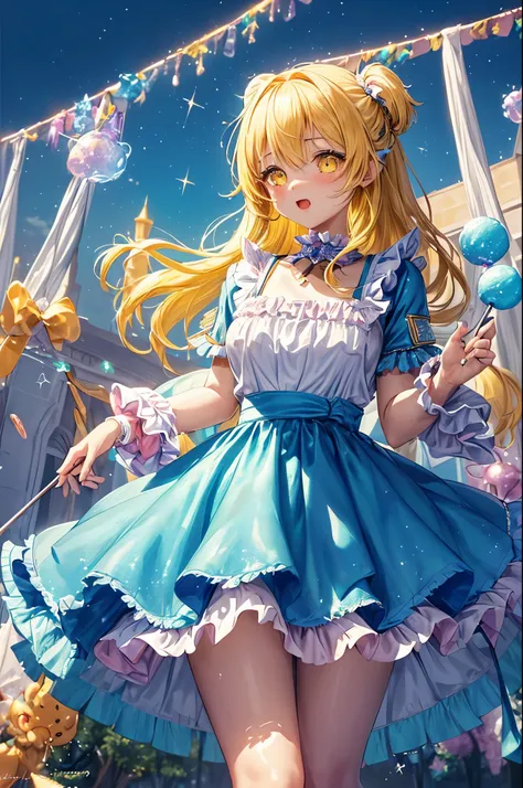 ((Cute frilly outfit:2)),((Highest quality)), ((masterpiece)), (detailed), ((Shiny and glittering fantasy ornaments)),(Yellow hair color:1.5)、(Yellow Eyes:1.3),Rin々New eyes、(Baby Face)(Sparkling eyes:1.3),One girl, (Large Breasts:0.8)"Design a whimsical, a...