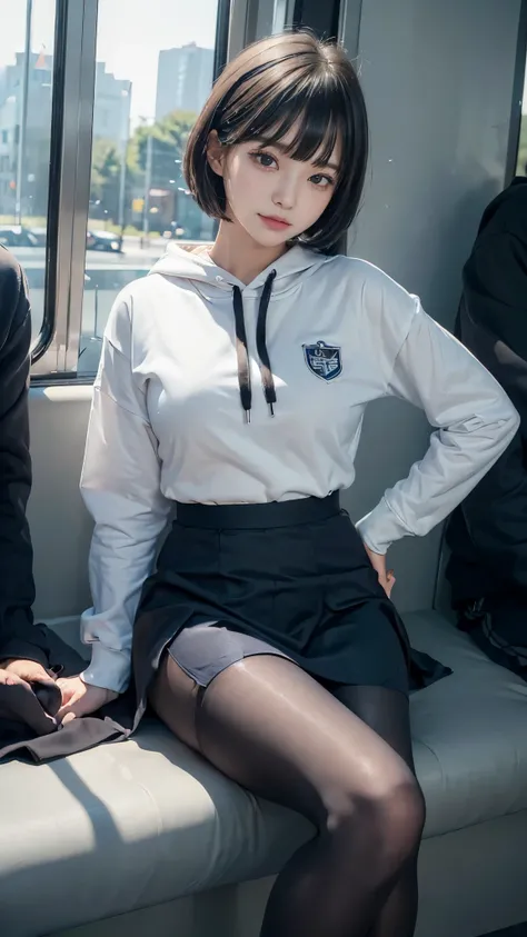 (masterpiece、Ultra-detail、8k、top-quality:1.5)、((Awesome))、One woman、Shorthair with bangs、(((Black pantyhose)))、hi-school girl、18year old、((directly in front))、Uniforms、Wearing a black hoodie、((navy check mini skirt))、On the train、blue-sky、sitting on、(legs...
