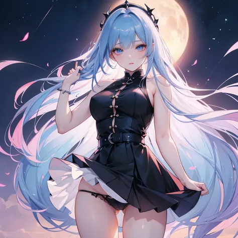 a beautiful anime-style girl with long blue hair in a short miniskirt, seductively showing off her black panties, full of temptation, (best quality,4k,8k,highres,masterpiece:1.2),ultra-detailed,(realistic,photorealistic,photo-realistic:1.37),extremely deta...