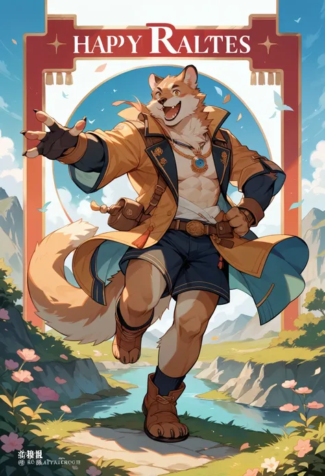 rating_safe, score_9, score_8_up, score_7_up, score_6_up, score_5_up, score_4_up, hires, highres, absurdres, source_furry, cover page, Detailed background(1boy, kemono, furry anthro, full body)World Heritage Site, Happy, joyful(Photos of solo travelers),