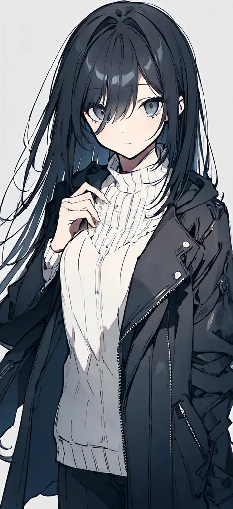 One Girl, Highest quality,Black Hair、Black leather coat、black eye、Sharp Eye、Eyes of Determination、depression、about 、Dark clothing、Gray background、Long Hair、thinking about、Take a deep breath、Show all