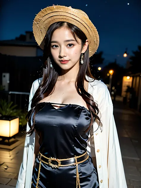 ((highest quality)), (be familiar with), beautiful girl, Japanese girl, one person, no cut, Slender, baby face, Photo like, Cosplayer, Wizard Character Costumes, outdoor, night sky, chiaroscuro, ((masterpiece)), 16k, textured skin, super detail