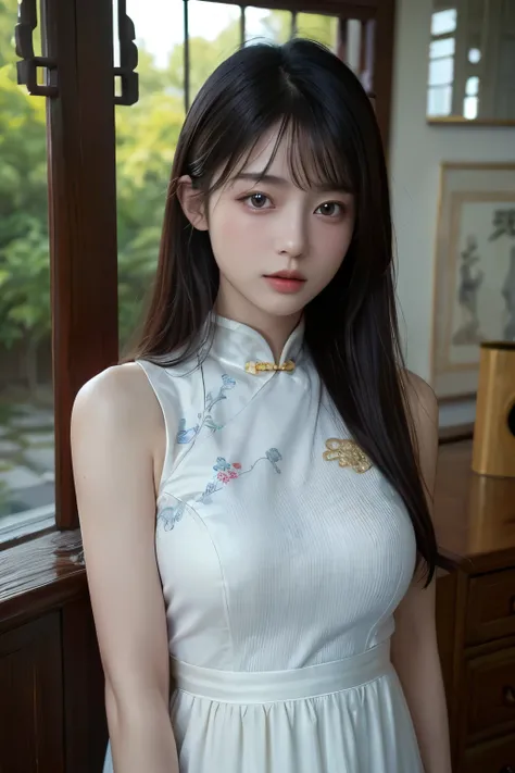 (best quality:1.4),(masterpiece:1.4),(realistic:1.4),(realistic:1.2),(超high resolution, RAW photos:1.4),(high resolution, very detailed:1.2),(8k:1.2),movie photo,black hair photo,one girl,alone,wear ,((chinese dress))、((upper body:1.3))