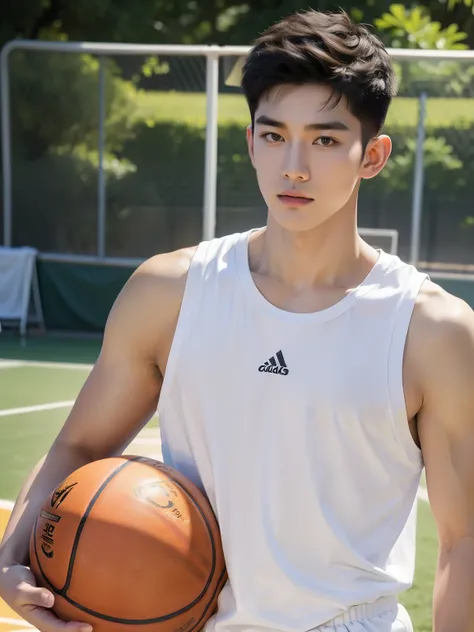 (absurdres, highres, ultra detailed, HDR), masterpiece, best quality, 1boy play  basketball, solo, handsome, short under cut hair, black hair, finely eye, and detailed face, ((handsome Korean boy)), (white tank top basketball cloths have "SHIRO" on the T s...