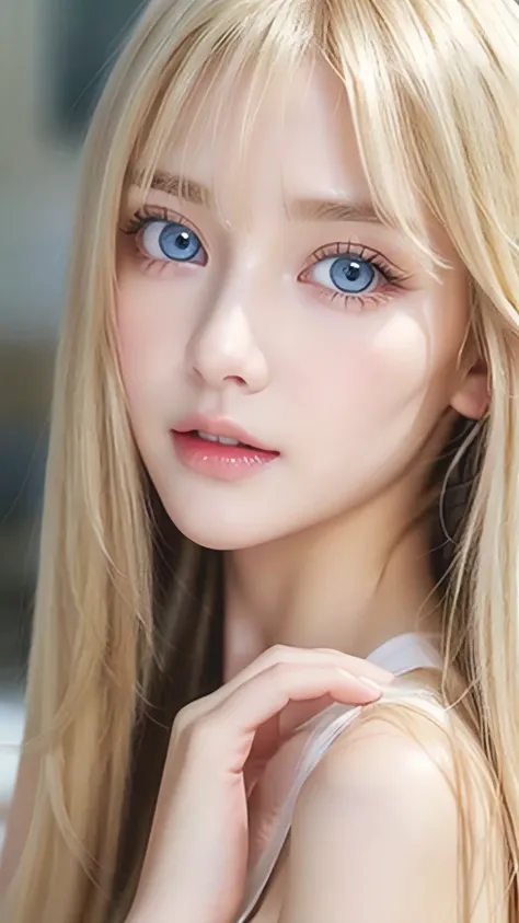 Blonde beautiful girl、Very beautiful, large, bright, pale blue eyes、Very big eyes、Gloss Face、Extremely white skin、Glowing Skin、Cheek gloss、Very pretty and beautiful super long blonde hair、Ample Bust、Beautiful bangs between the eyes、Small Face Beauty、Very b...