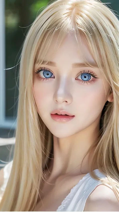 Blonde beautiful girl、Very beautiful, large, bright, pale blue eyes、Very big eyes、Gloss Face、Extremely white skin、Glowing Skin、Cheek gloss、Very pretty and beautiful super long blonde hair、Ample Bust、Beautiful bangs between the eyes、Small Face Beauty、Very b...