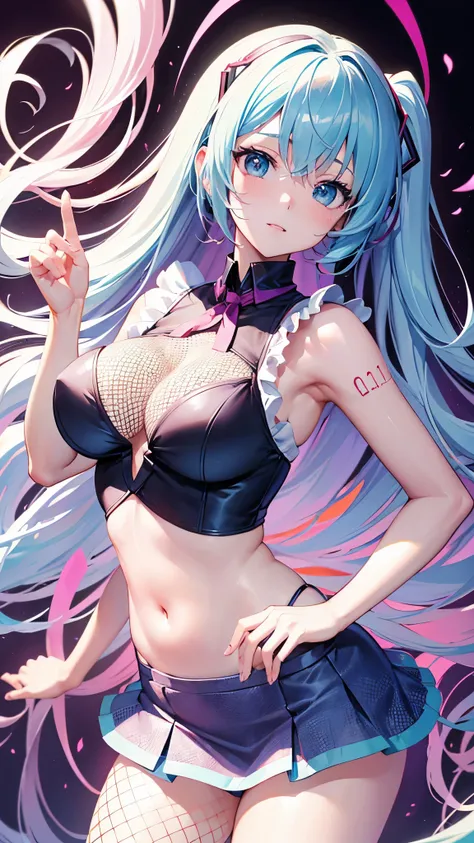 (((anime-style cute face)))、Hatsune Miku、Very big blue eyes:2.0、anatomically correct body、Thick thighs、The face is bright、Professional Lighting、Cute Breasts:0.7、(Highest quality1.5, Anime artwork, Anime Style, Studio Anime, Very detailed, Anime Coloring, H...