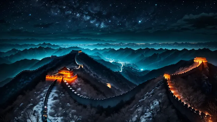 Aerial View,Great Wall,The dark blue night has some dreamy colors，High-altitude photography,HD,3d