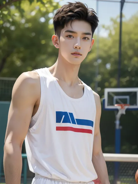 (absurdres, highres, ultra detailed, HDR), masterpiece, best quality, 1boy acting play  basketball, solo, handsome, short under cut hair, black hair, finely eye, and detailed face, ((handsome Korean boy)), (white tank top basketball cloths have alphabet "S...