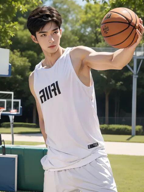 (absurdres, highres, ultra detailed, HDR), masterpiece, best quality, 1boy acting play  basketball, solo, handsome, short under cut hair, black hair, finely eye, and detailed face, ((handsome Korean boy)), (white tank top basketball cloths have alphabet "S...