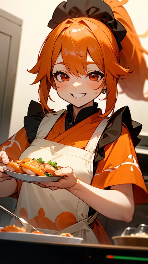 Cute shrimp woman is cooking delicious food in the kitchen、Orange Hair、ponytail、Round red eyes、Peasant tunic with ethnic patterns、Yellow apron、Grin、Upper body close-up