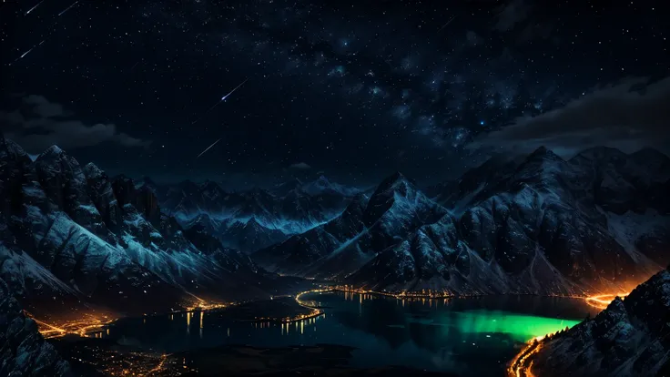 Dark blue night with green mountains and water，High-altitude photography,HD,3d