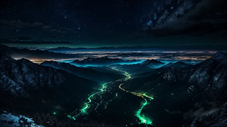 Dark blue night with green mountains and water，High-altitude photography,HD,3d