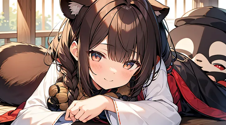 one girl。Cute s。Brown hair, brown raccoon ears。brown short cut, A slight smil。see the beholder。Japan priestess costume。claw pose,sleepy,